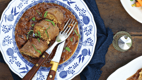 Braised Beef Rolls with Sage and Onion Stuffing, Onion and Cider Gravy