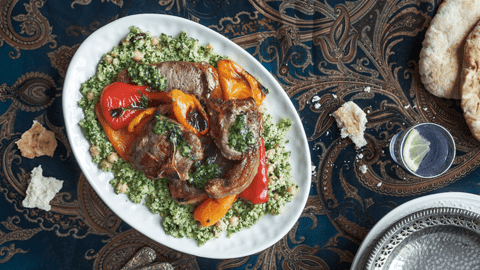 Lamb Loin Chops, Roasted Sweet Peppers and Couscous
