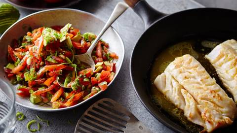 Fish fillet with spicy tomato and avocado salsa