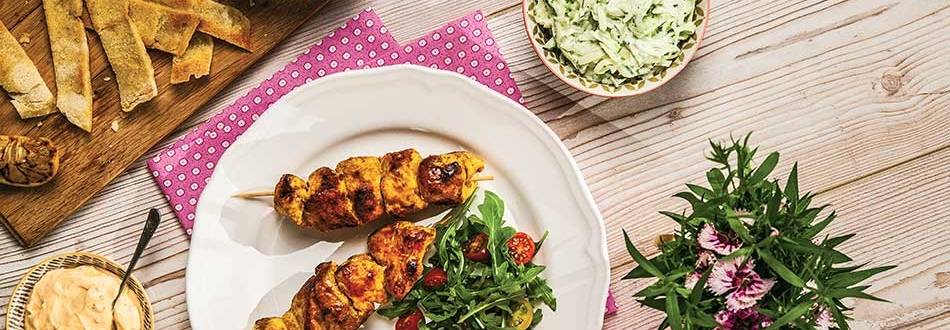 Cajun chicken kebabs with a sweet chilli dip