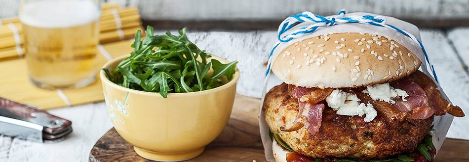 Turkey and Smoked Bacon Burgers with Feta and Rocket Salad